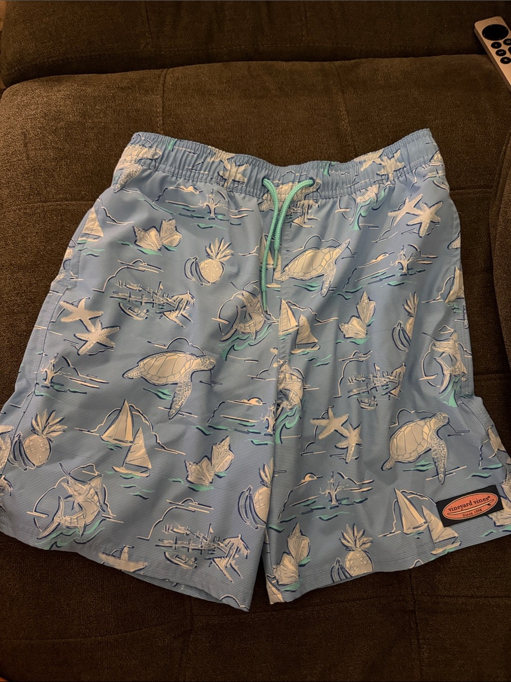 Vineyard Vines Light Blue Kids Swim Trunks with Sea Life Print